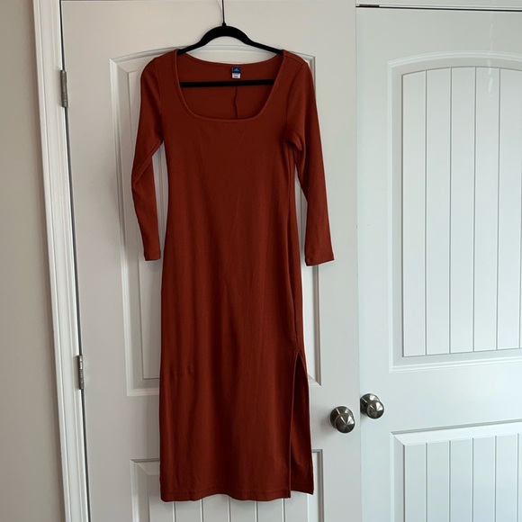 *WORN ONCE* Old Navy Fitted Ribbed Square-Neck Midi Dress [[Burnt Orange]] - Picture 1 of 5